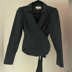Black and white polka dot L'Academie blouse with tie front , puff sleeve , small